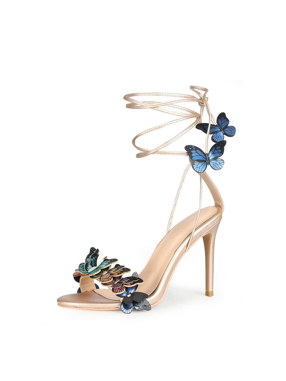 YIYA Sparkling Butterfly Strappy Heeled Sandals For Women, Open Toe High Heels Lace Up Stilettos For Party Wedding Banquet