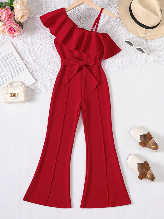 Tween Girl Asymmetrical Neck Ruffle Trim Belted Flare Leg Jumpsuit