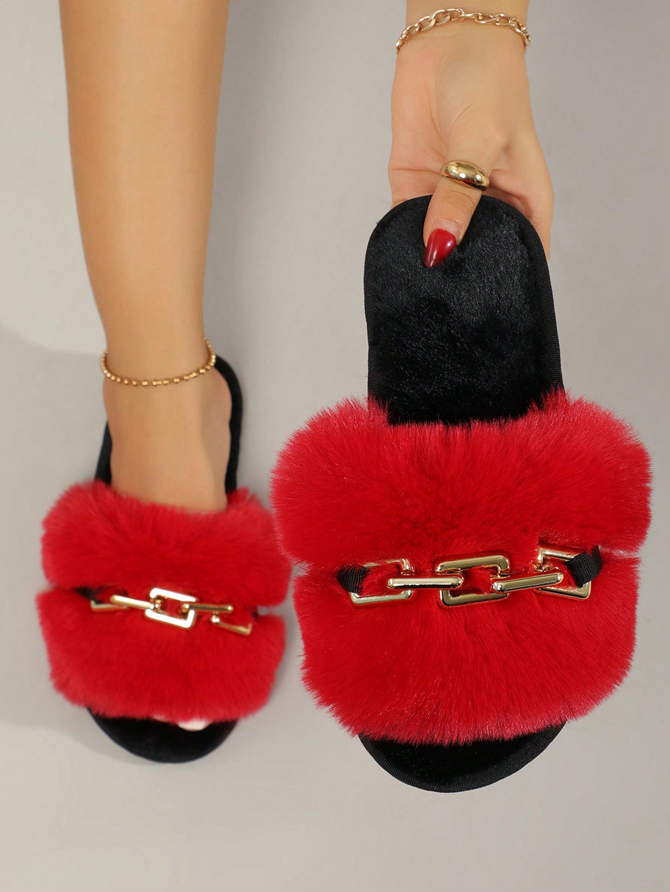 Women Chain Decor Fluffy Slippers, Punk Open Toe Slippers For Bedrooms
