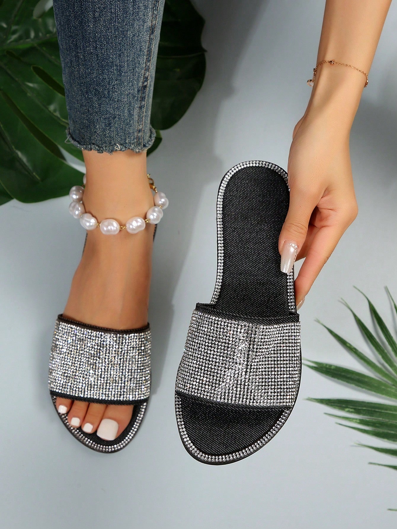 Women Black Allover Rhinestone Slide Sandals