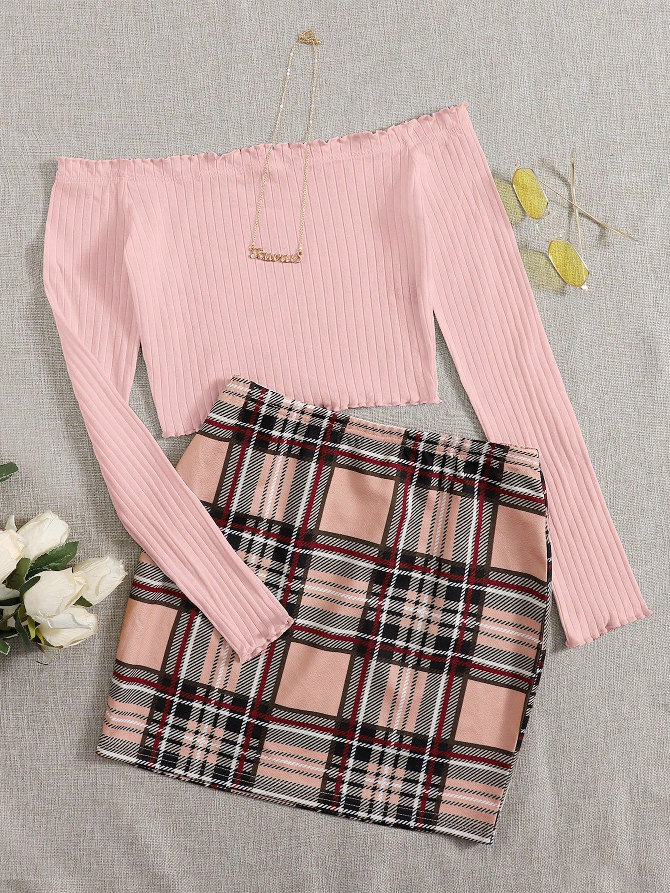 Off Shoulder Lettuce Edge Tee And Tartan Two Piece Skirt Set