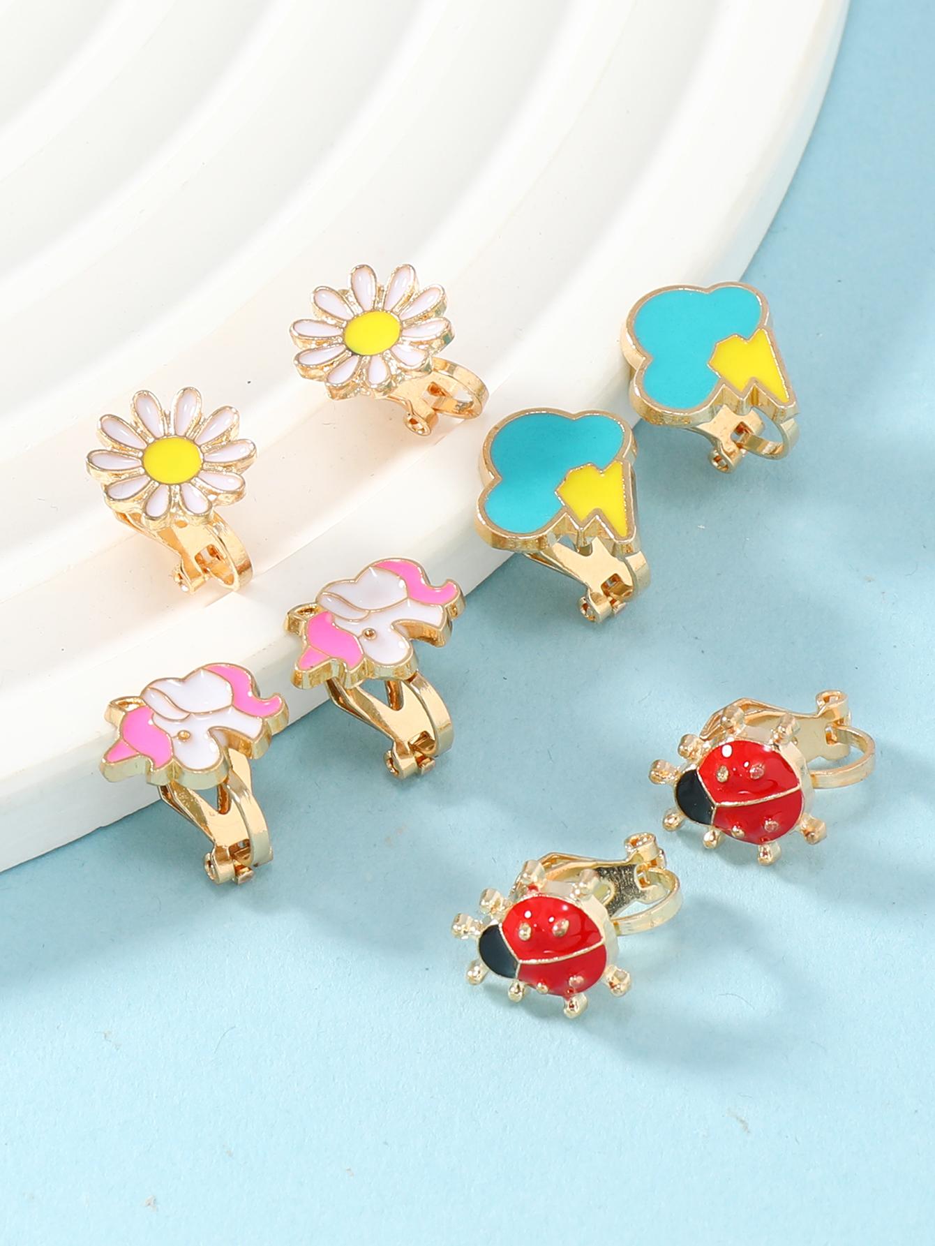 4pairs Girls Flower & Unicorn Decor Zinc Alloy Cute Ear Cuffs For Daily Decoration