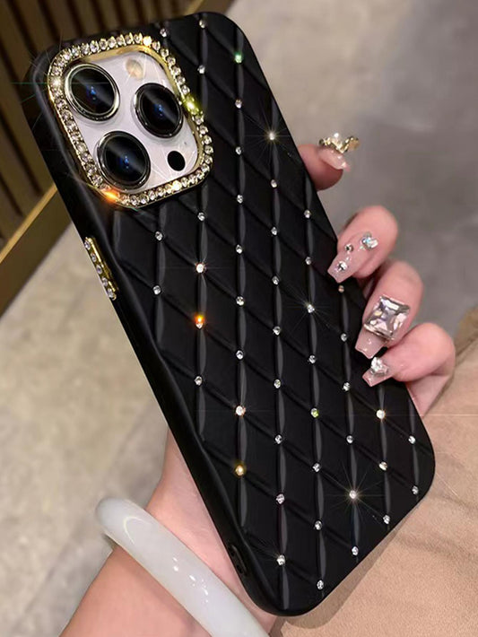 1pc Black/Pink/Purple Plaid Pattern Rhinestone Phone Case With Detachable Gold Tone Ring, Soft Case, Simple Yet Creative, Women's Style, Compatible With Iphone