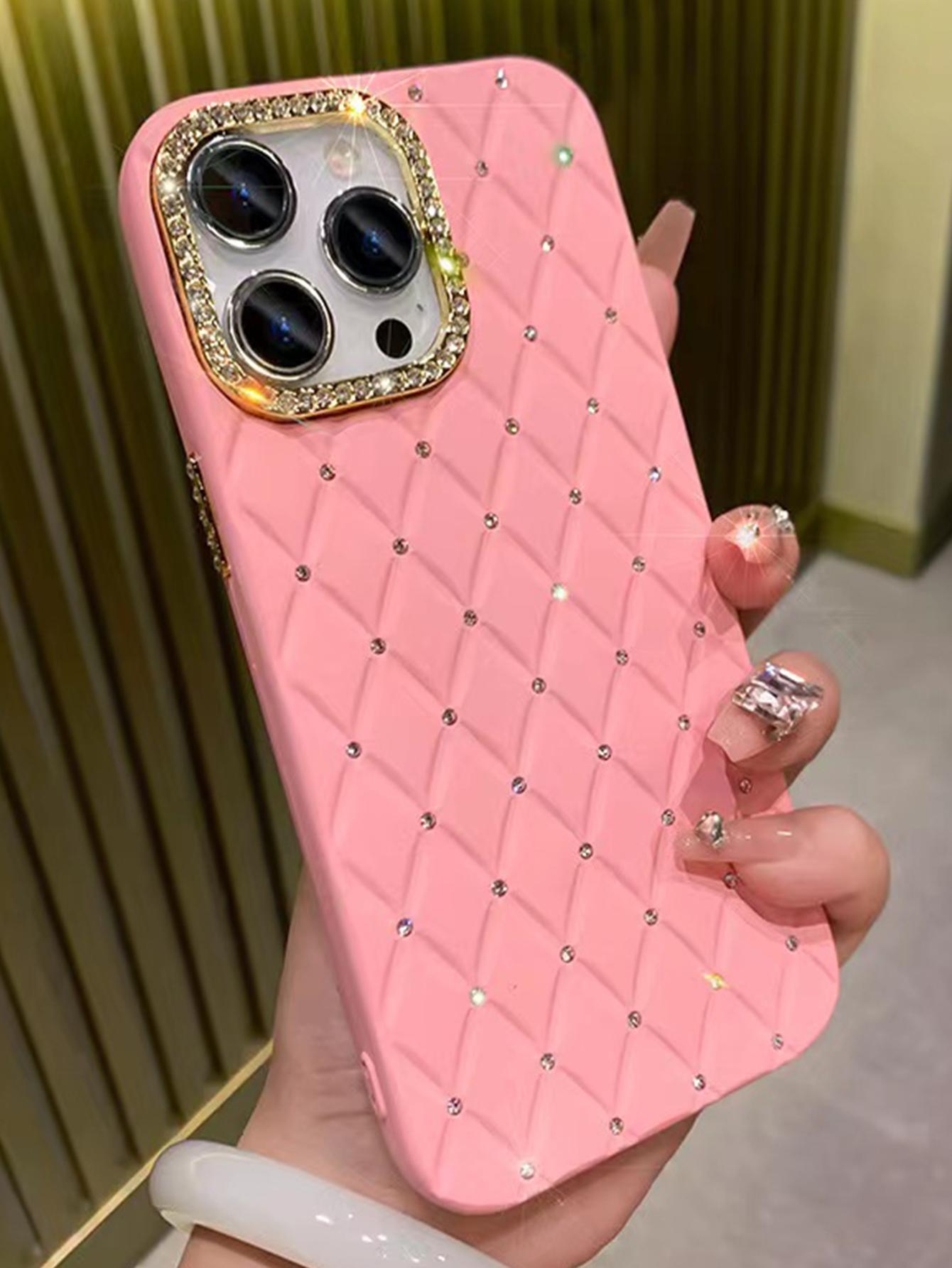 1pc Black/Pink/Purple Plaid Pattern Rhinestone Phone Case With Detachable Gold Tone Ring, Soft Case, Simple Yet Creative, Women's Style, Compatible With Iphone