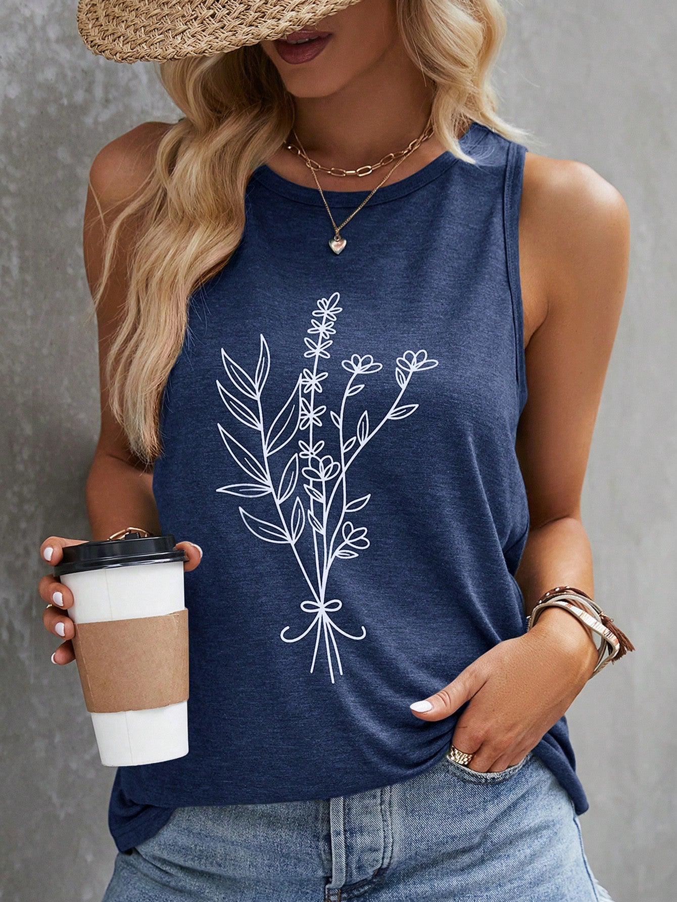 Women's Sleeveless Plant Print Tank Top For Summer