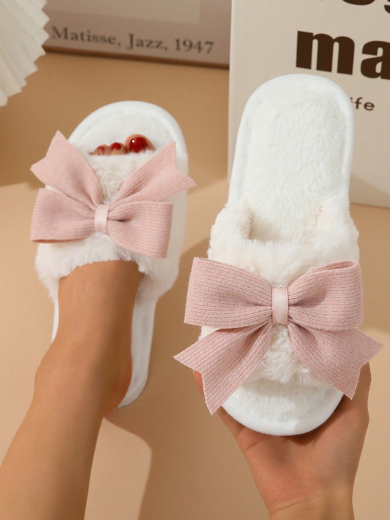 Women's Spring And Autumn Comfortable Open Toe Slippers With Bowknot, Winter Warm Plush Home Slippers For Indoor Use