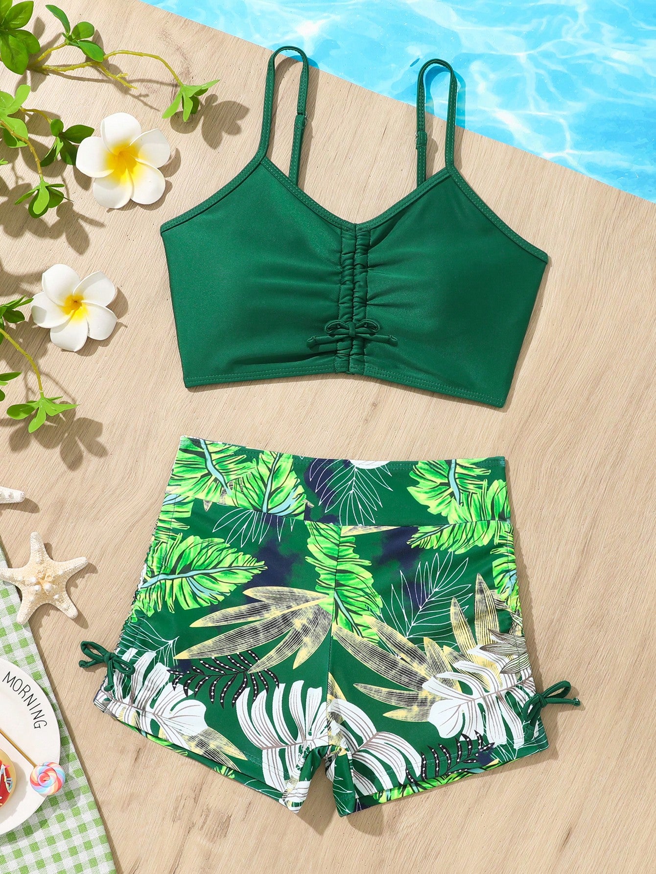 Tween Girl Tropical Print Drawstring Bikini Set Summer Beach