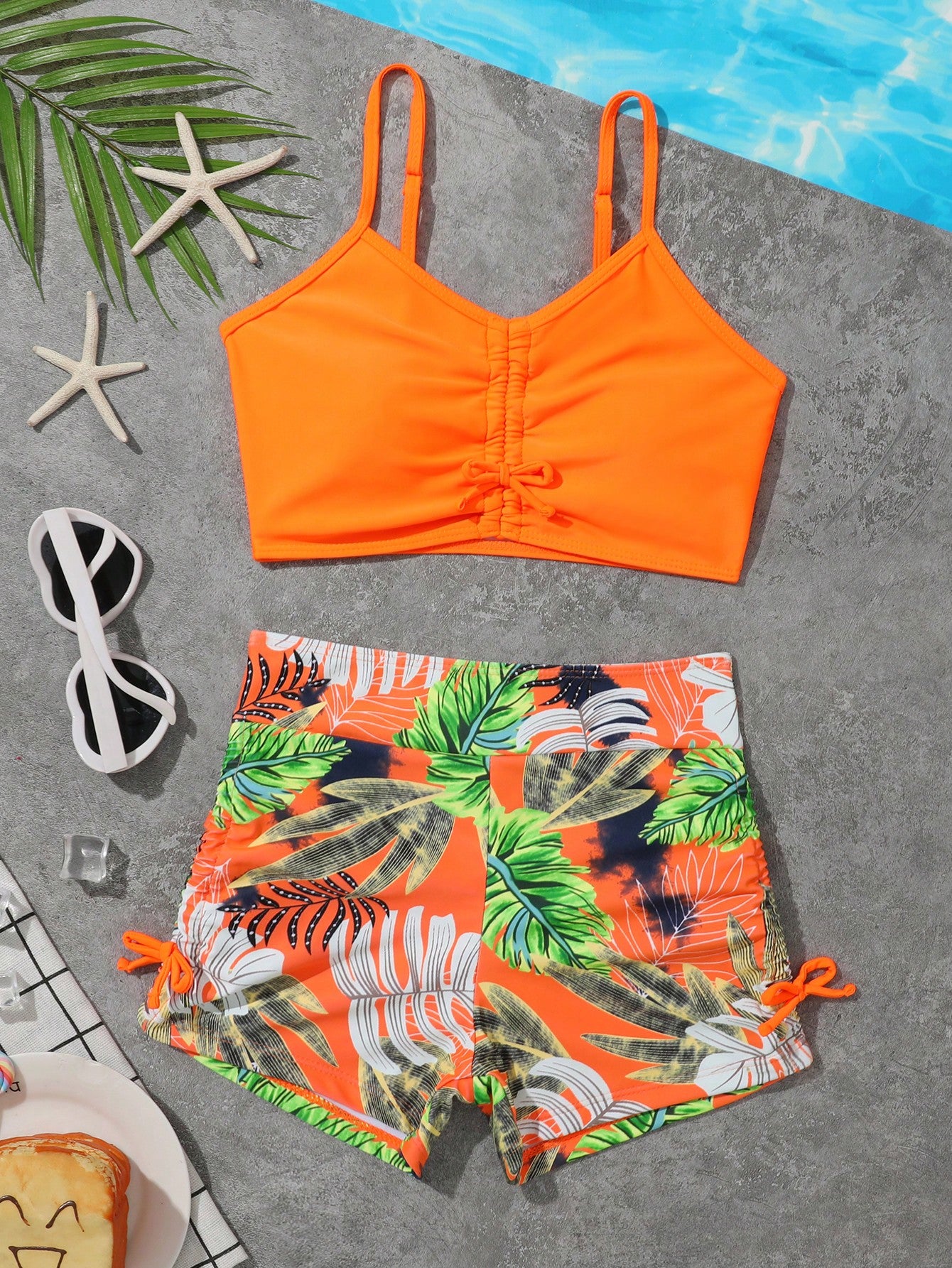 Tween Girl Tropical Print Drawstring Bikini Set Summer Beach