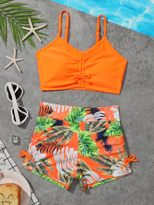 Tween Girl Tropical Print Bow Front Bikini Set Summer Beach