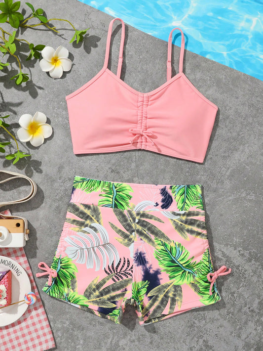 Tween Girl Tropical Print Drawstring Bikini Set Summer Beach