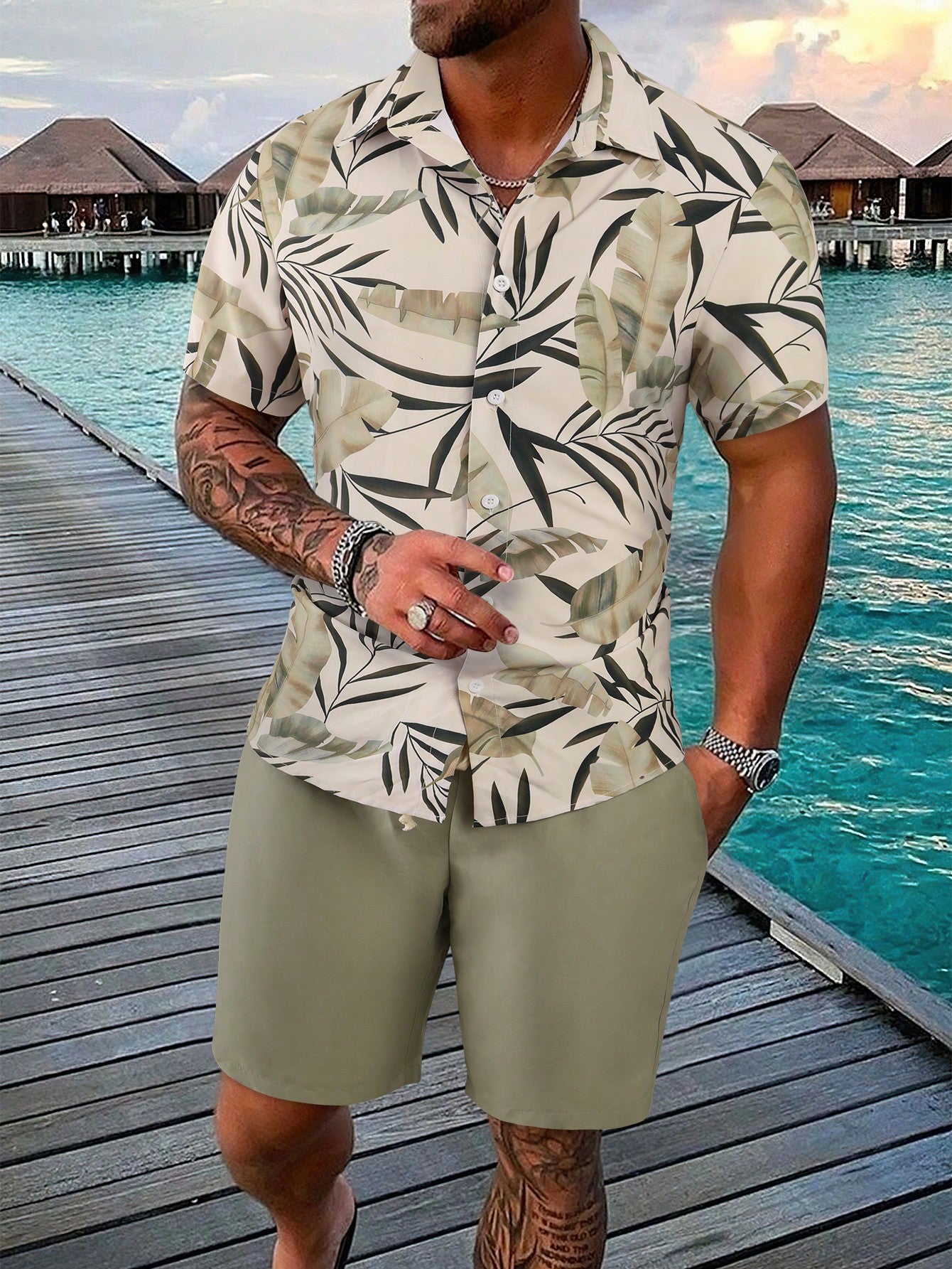 Men Tropical Print Shirt & Shorts