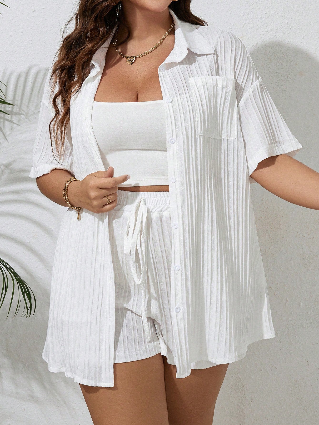 Plus Drop Shoulder Shirt &amp; Drawstring Waist Shorts Two Piece Outfits