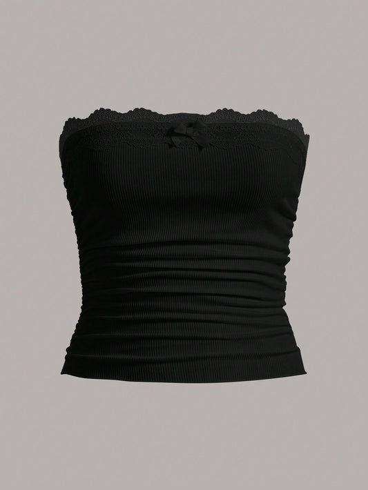 Black Contrast Lace Ruched Tube Top