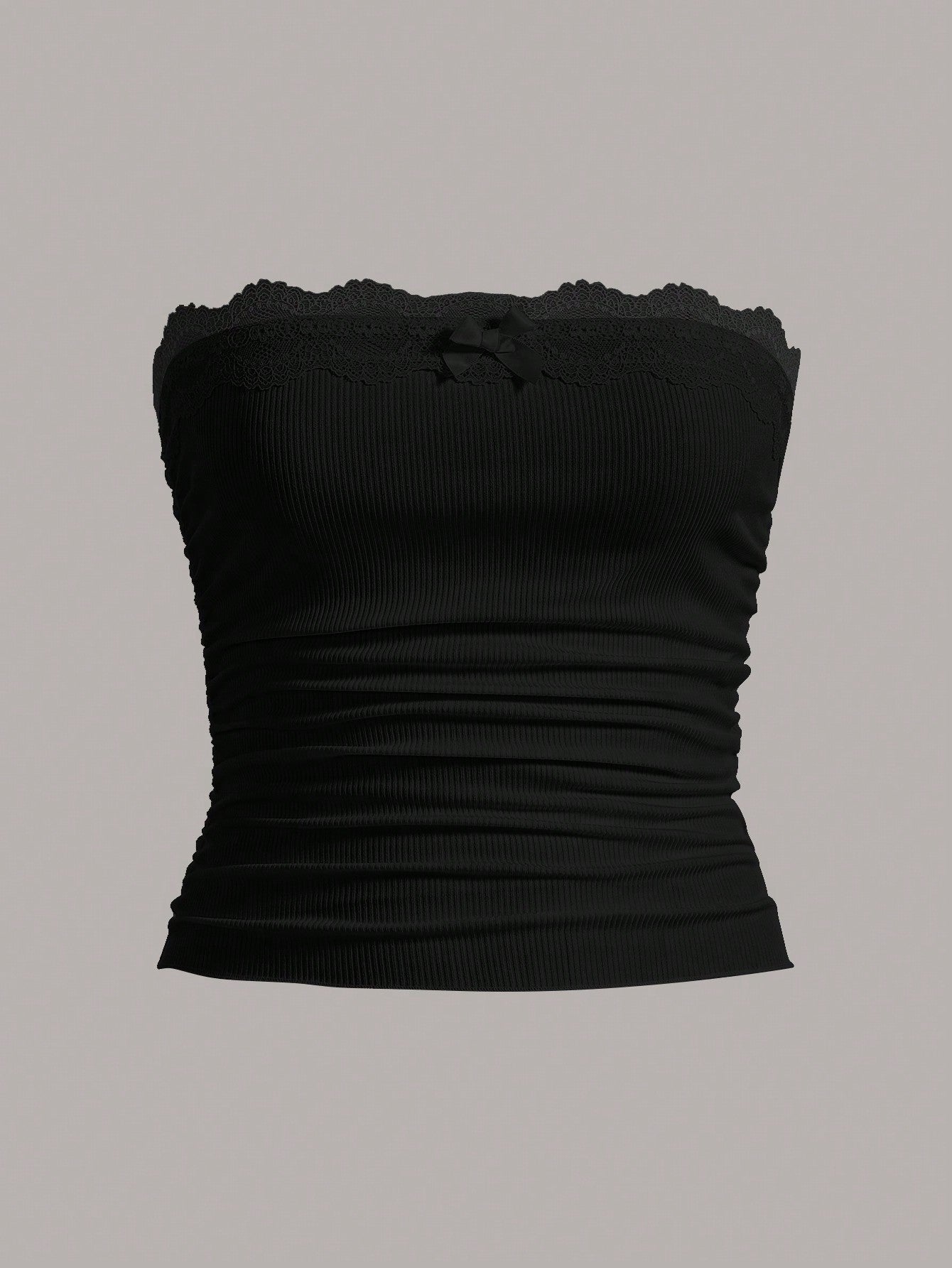 Contrast Lace Trim Ruched Side Bow Front Tube Top