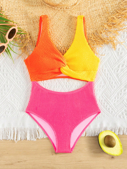 Tween Girl Colorblock Twist Front Cut Out Twist Front Cut Out One Piece Swimsuit