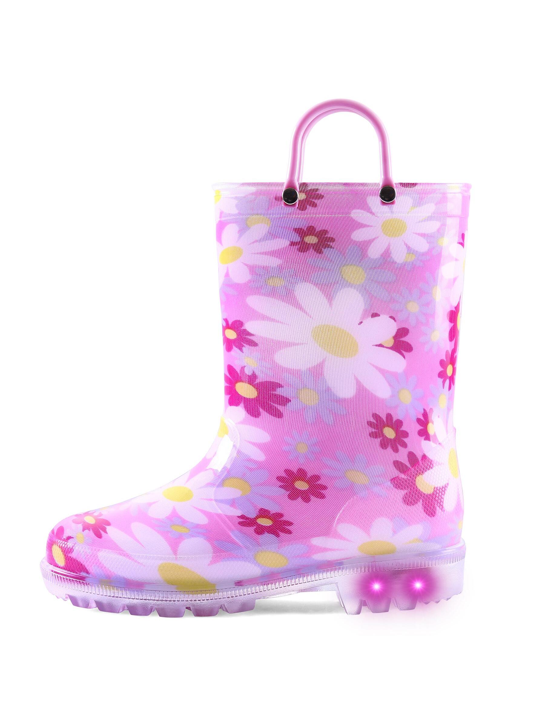 K KomForme Toddler Light Up Rain Boots Patterns and Glitter Rain Boots for Girls Boys with Handles