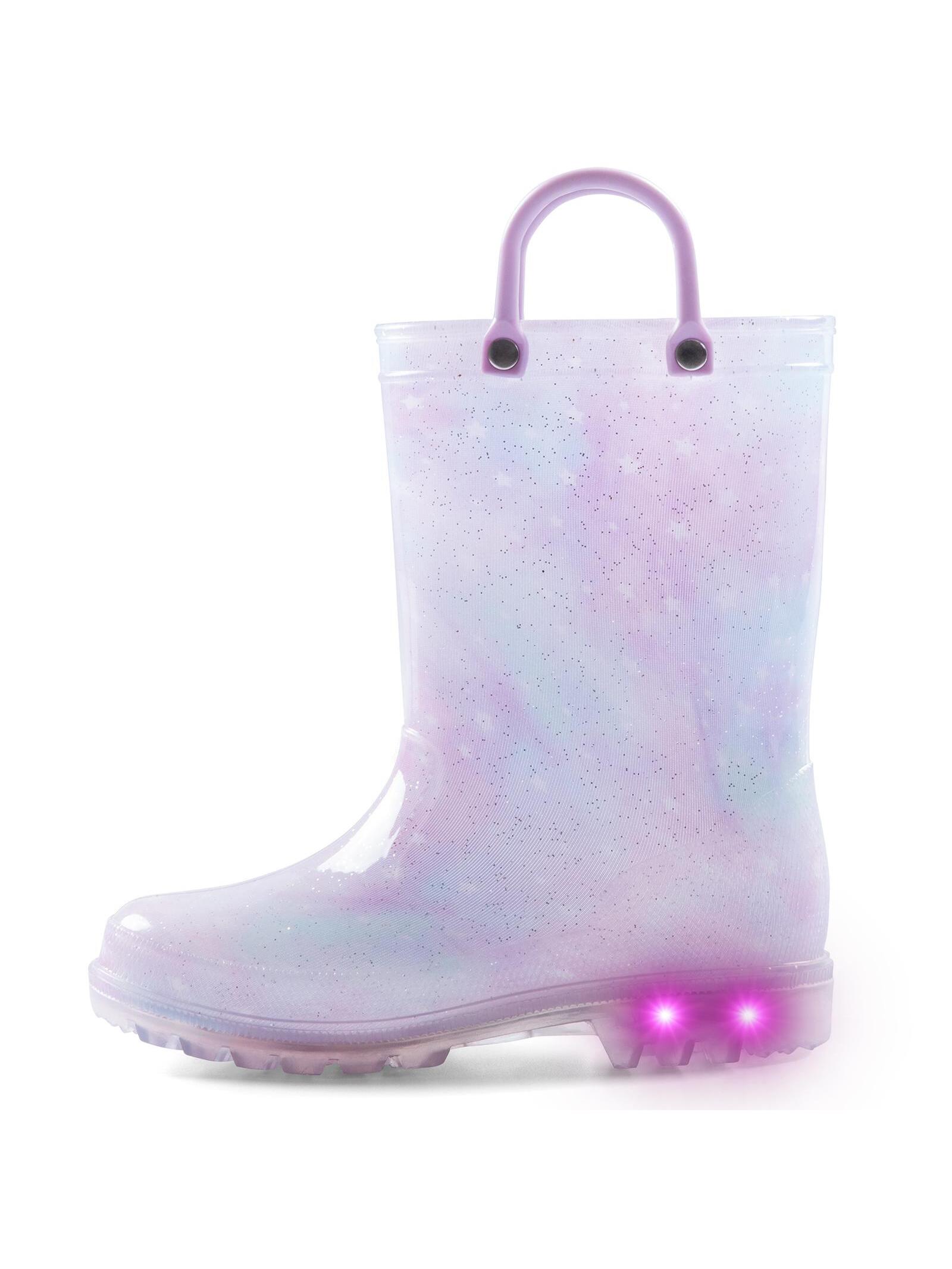 K KomForme Toddler Light Up Rain Boots Patterns and Glitter Rain Boots for Girls Boys with Handles