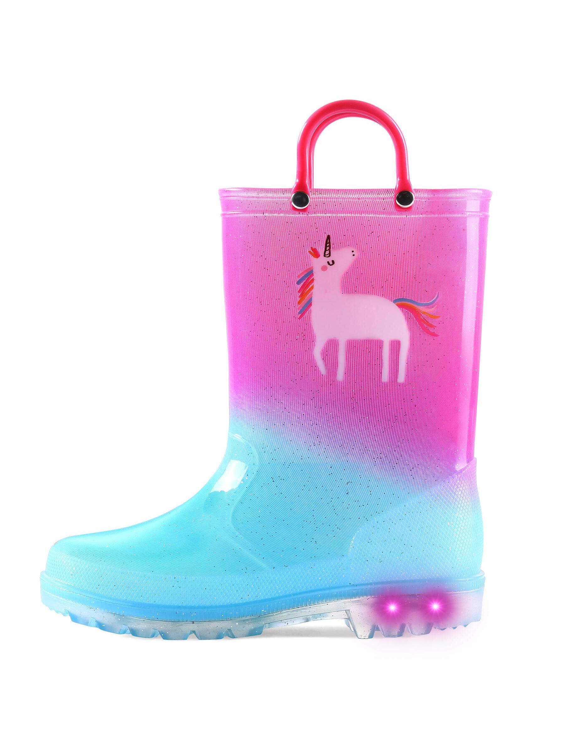 K KomForme Toddler Light Up Rain Boots Patterns and Glitter Rain Boots for Girls Boys with Handles