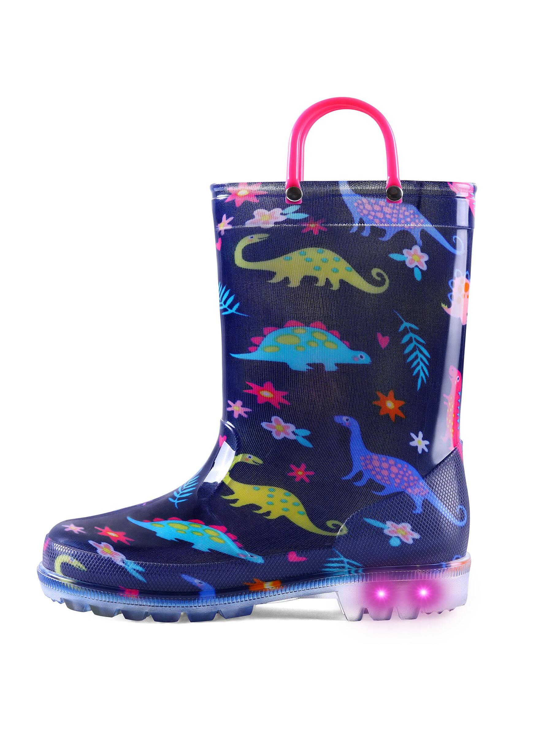 K KomForme Toddler Light Up Rain Boots Patterns and Glitter Rain Boots for Girls Boys with Handles