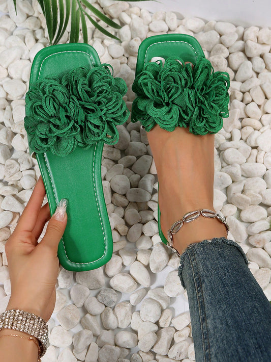 Women Flower Decor Flat Sandals, Fashionable Green Summer Slide Sandals