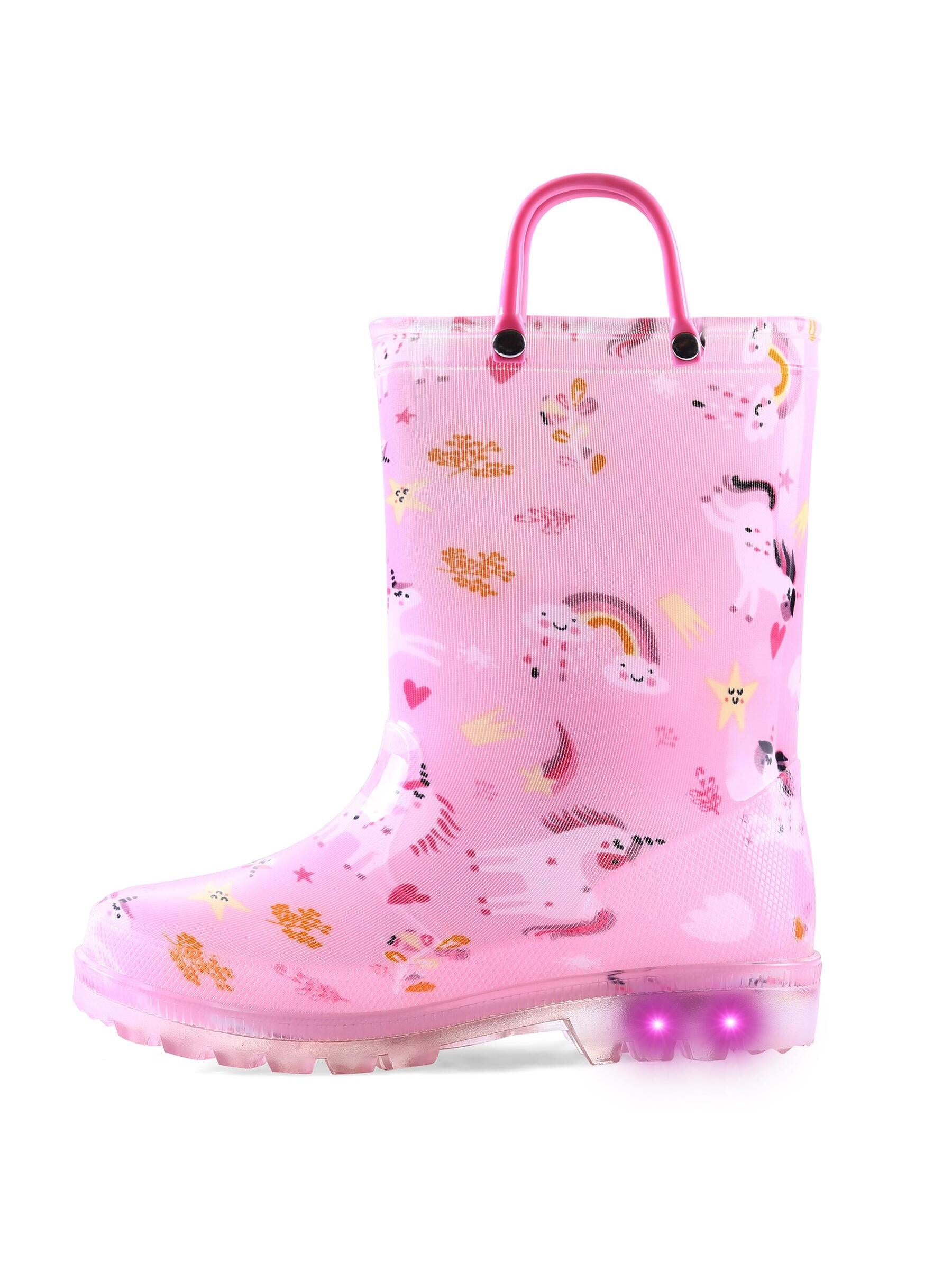 K KomForme Toddler Light Up Rain Boots Patterns and Glitter Rain Boots for Girls Boys with Handles