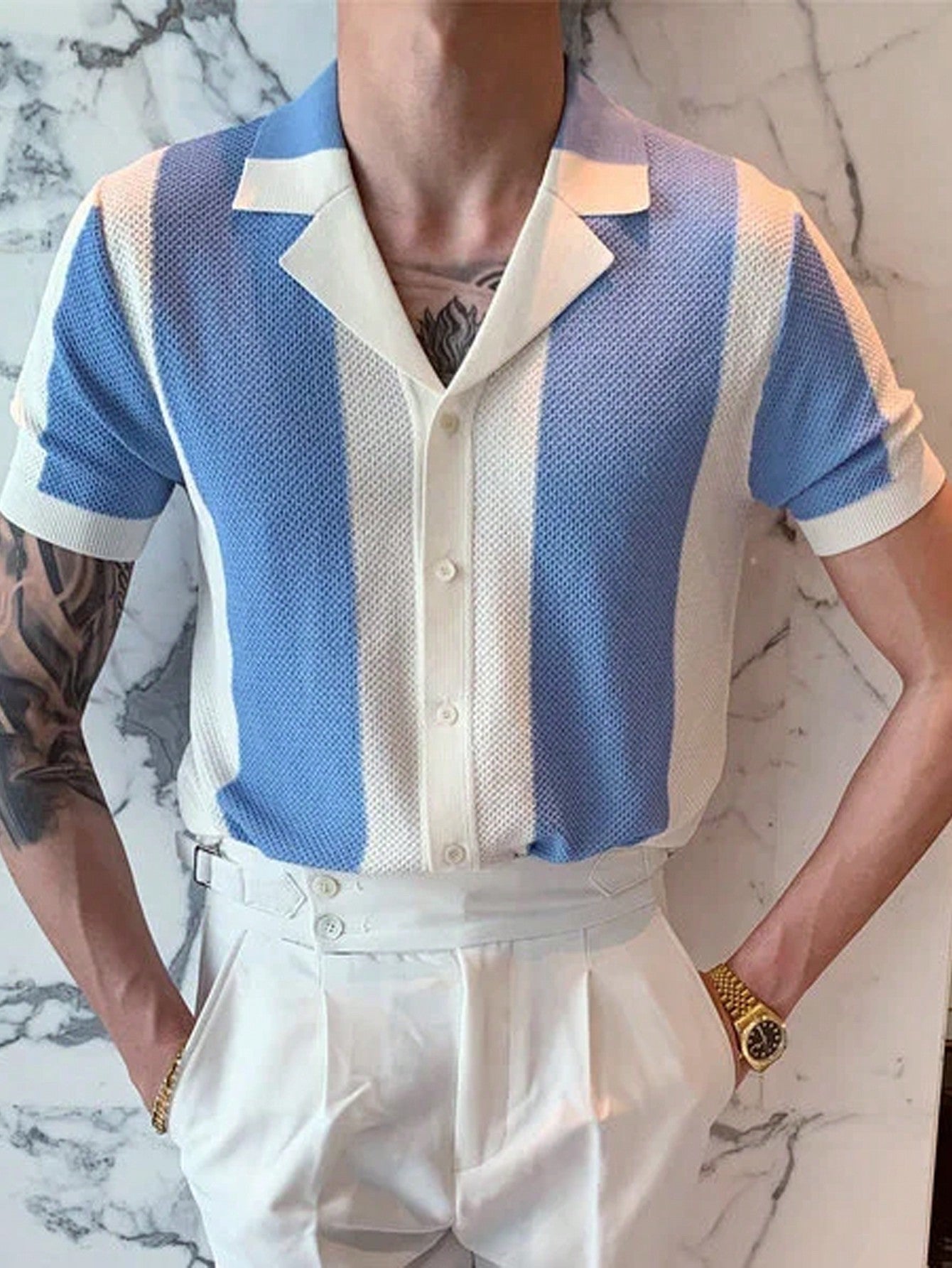 Men's Color Blocking Striped Polo Short Sleeve Knitted Crochet Top