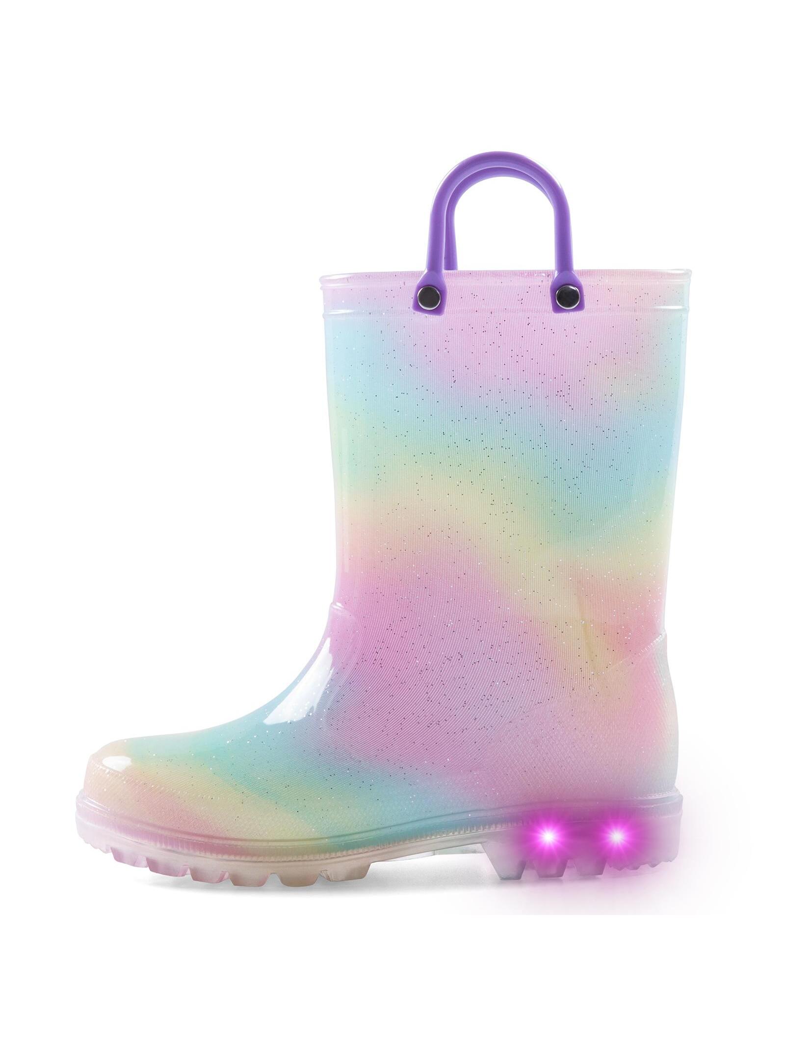 K KomForme Toddler Light Up Rain Boots Patterns and Glitter Rain Boots for Girls Boys with Handles