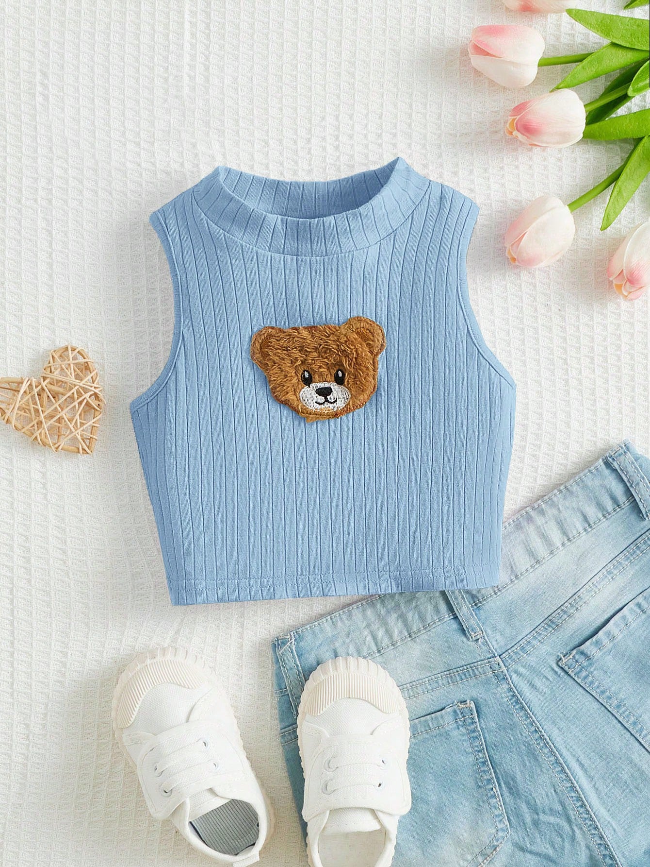 Solid Color Small Turtleneck Short Young Girl Bear Sticker Detail Tank Top For Summer