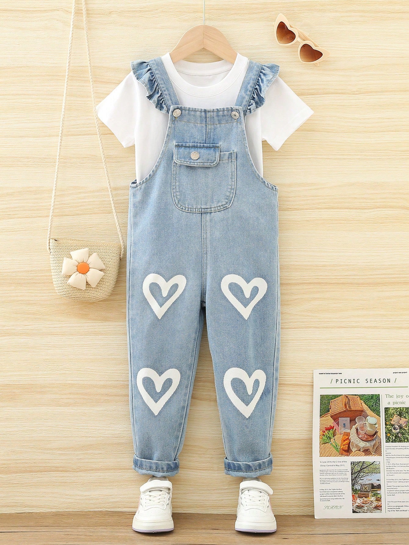 Young Girl Heart Print Ruffle Trim Denim Overalls Without Tee