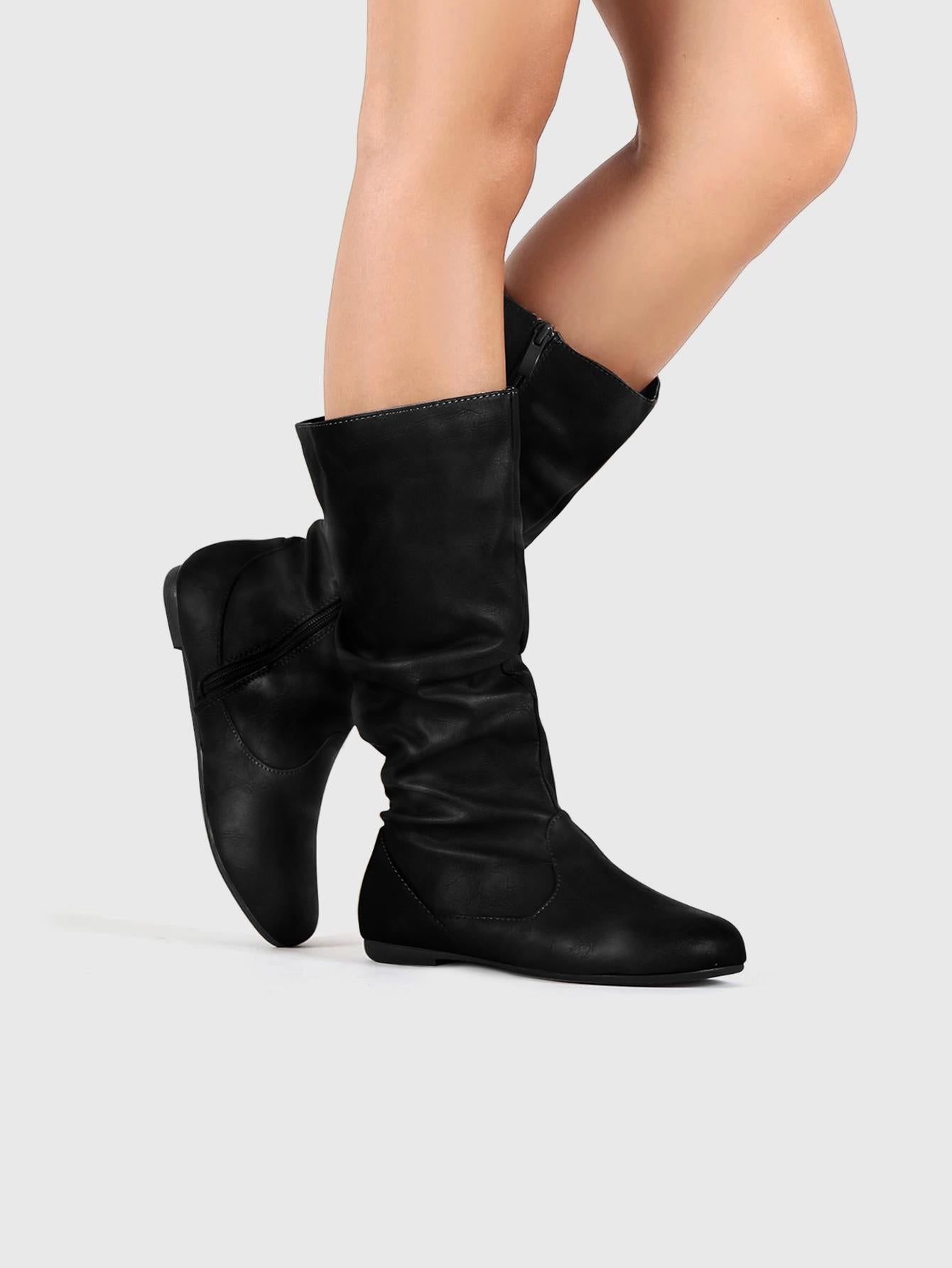 Women's Slouchy Mid Calf Boots Zip up Flat Boots