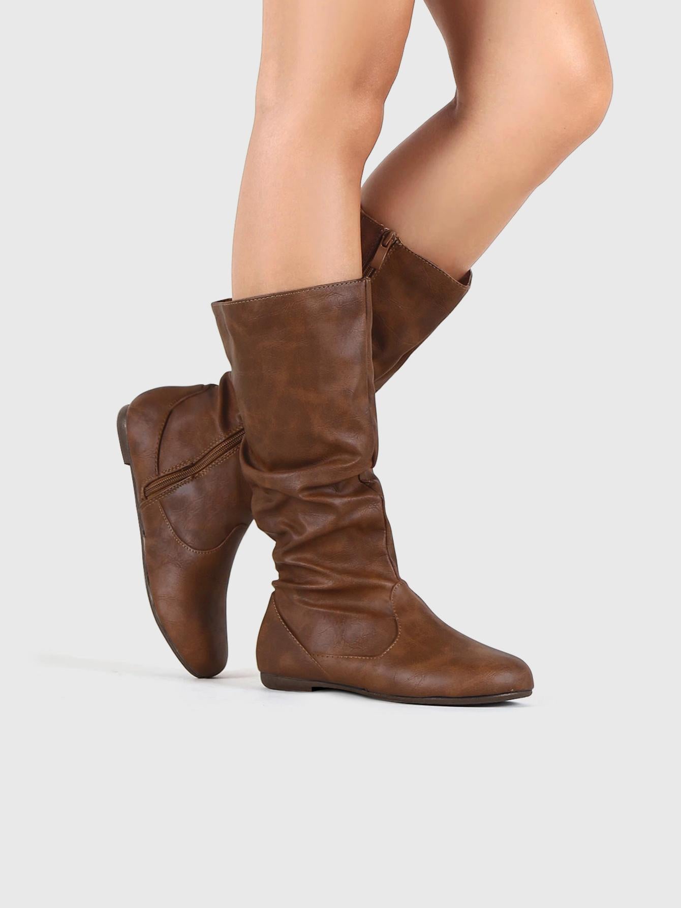 Women's Slouchy Mid Calf Boots Zip up Flat Boots