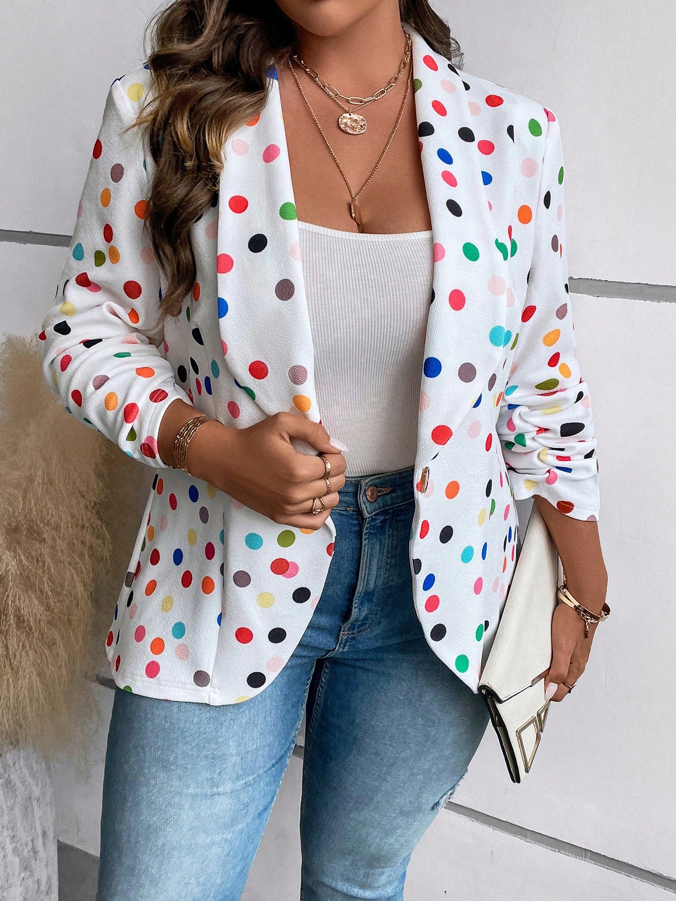 Plus Size Blue And White Printed Cuff Ruched Blazer