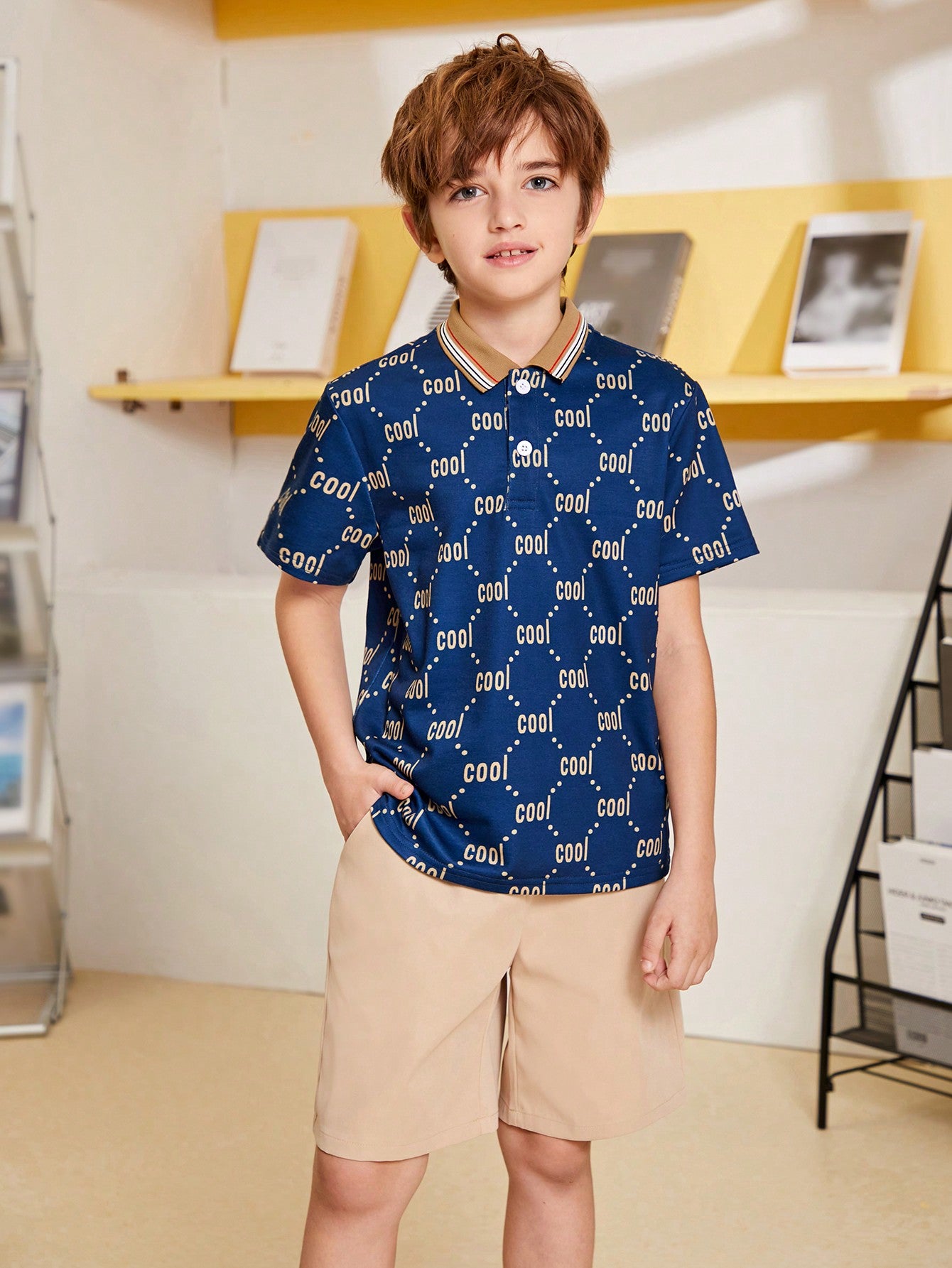 Tween Boy Fusion Academy Collar Pattern Knit Short Sleeve Polo Shirt