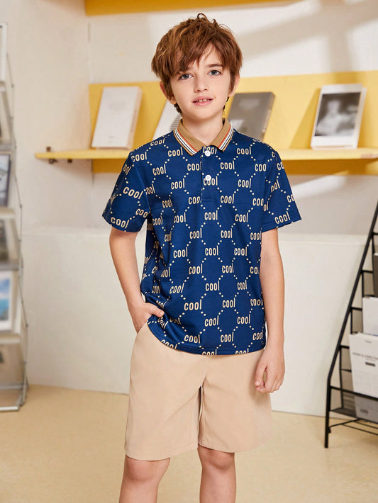 Tween Boy Fusion Academy Collar Pattern Knit Short Sleeve Polo Shirt