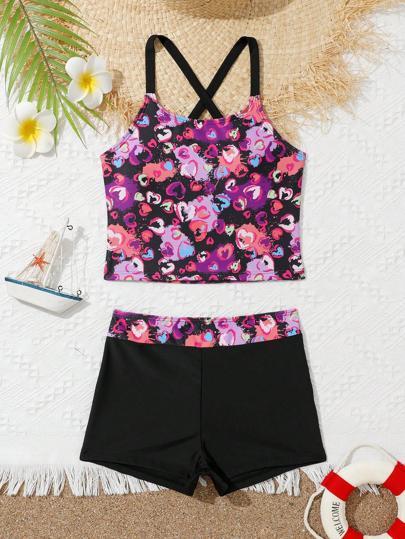 Tween Girl Heart Print Criss Cross Tankini Summer Beach