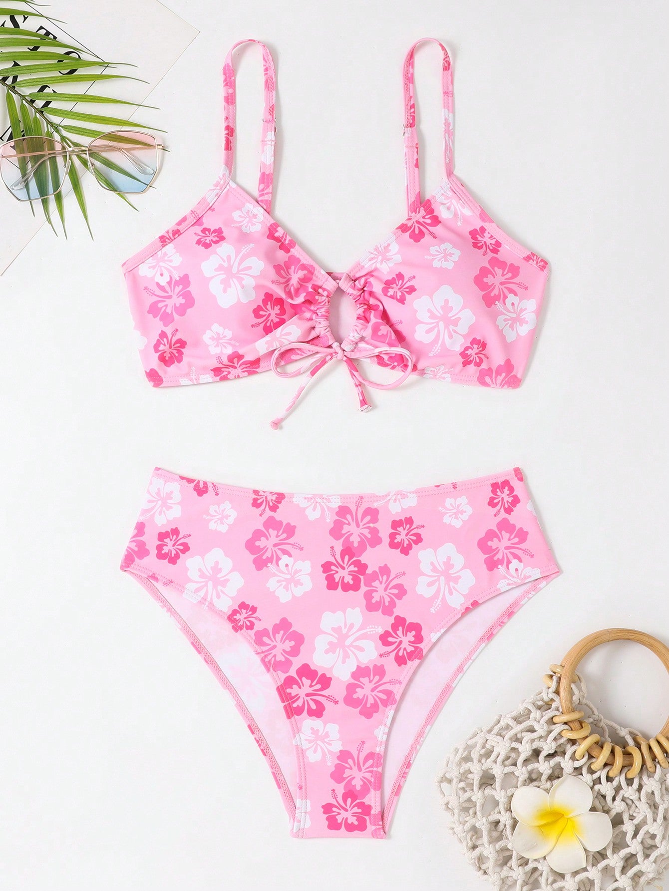 Swim Summer Beach Floral Print Drawstring Bikini Set