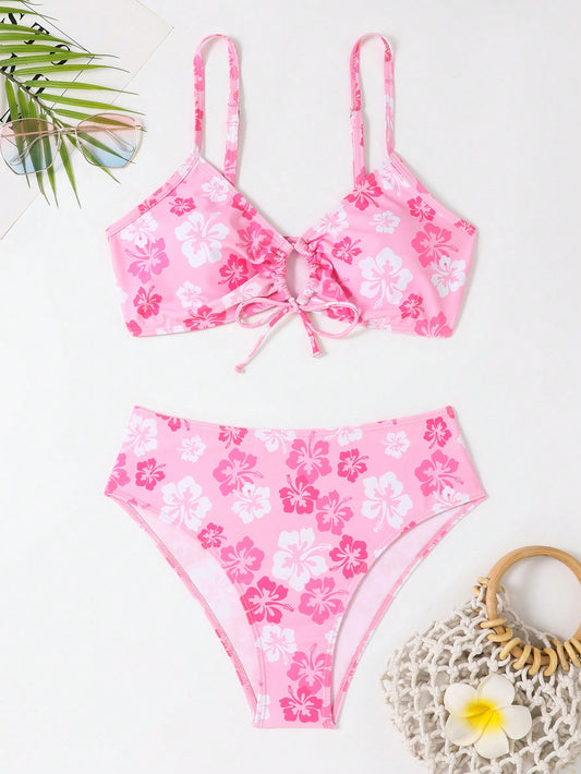 Swim Summer Beach Floral Print Drawstring Bikini Set