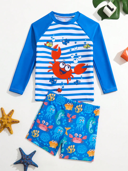 Young Boy Striped & Cartoon Graphic Beach Swimsuit