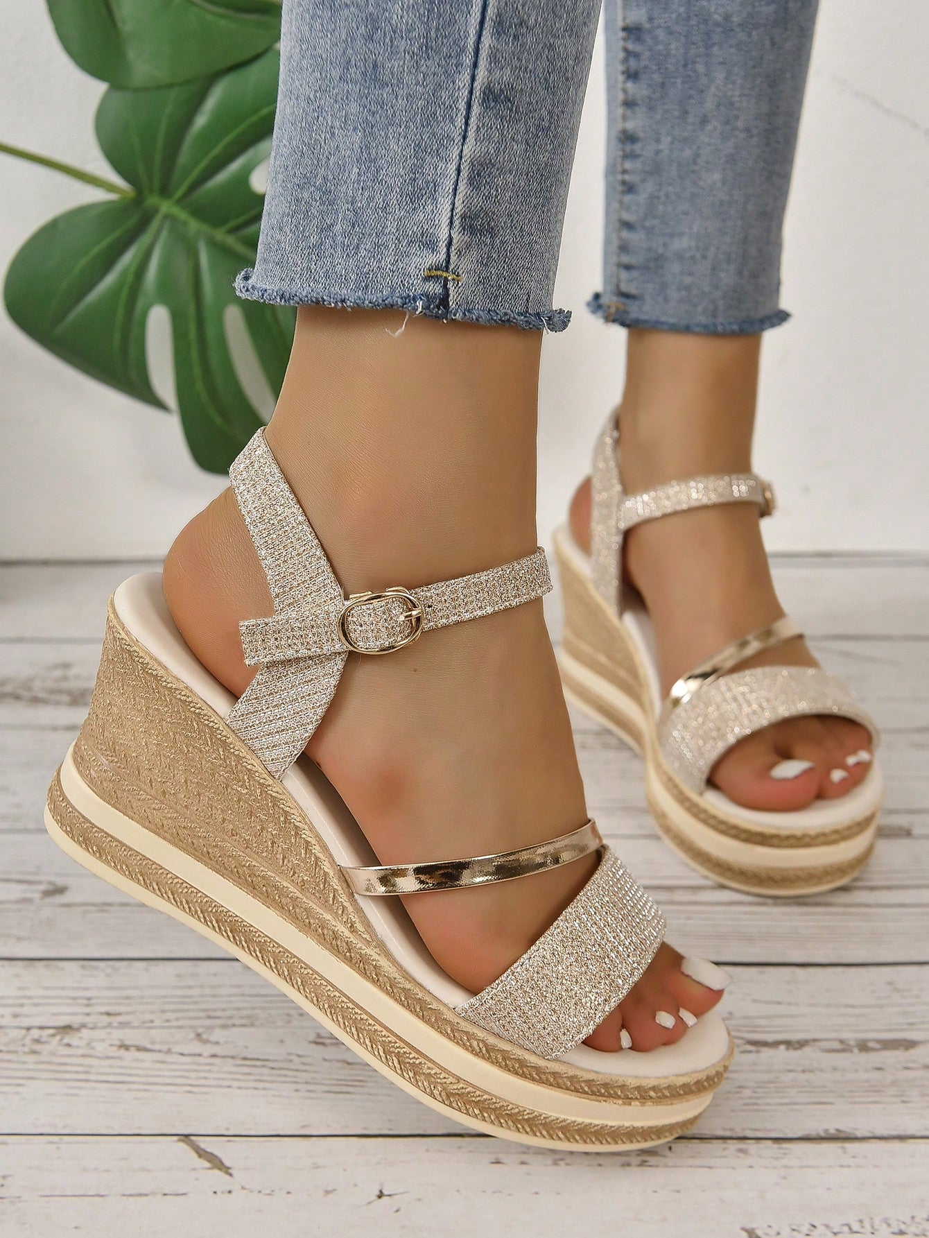 Women Metallic Buckle Decor Wedge Sandals, Glamorous Outdoor Ankle Strap Sandals