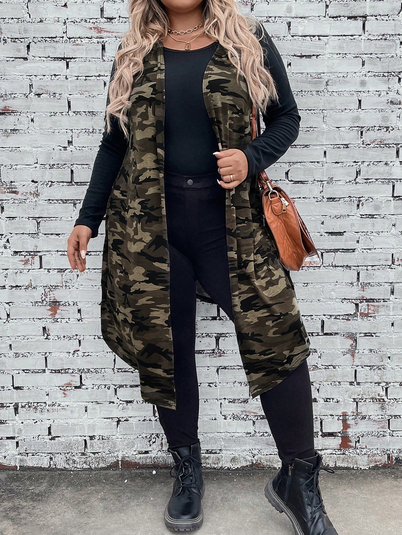 Plus Camo Print Open Front Vest Coat Without Tee