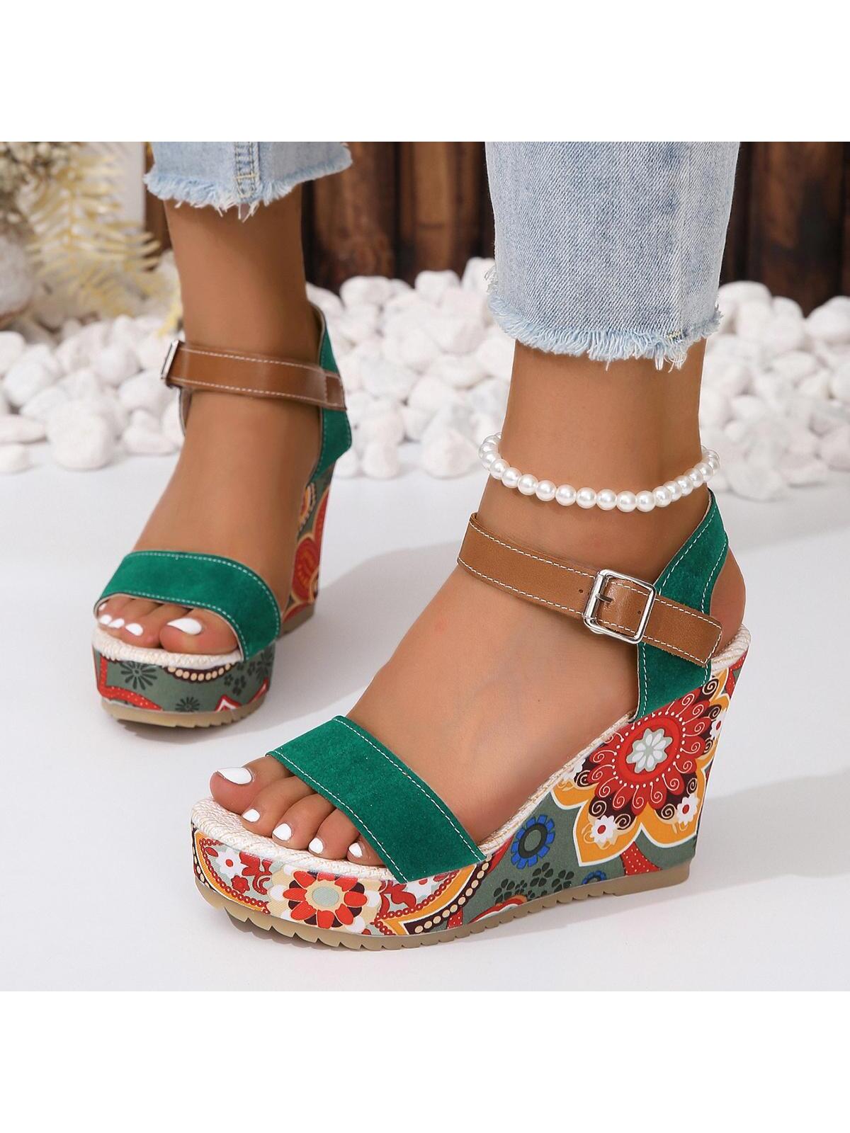 2024 Summer Women's Thick Platform Wedge Heel Floral Pattern Fashion High Heels Waterproof Ankle Strap Sandals, Plus Size