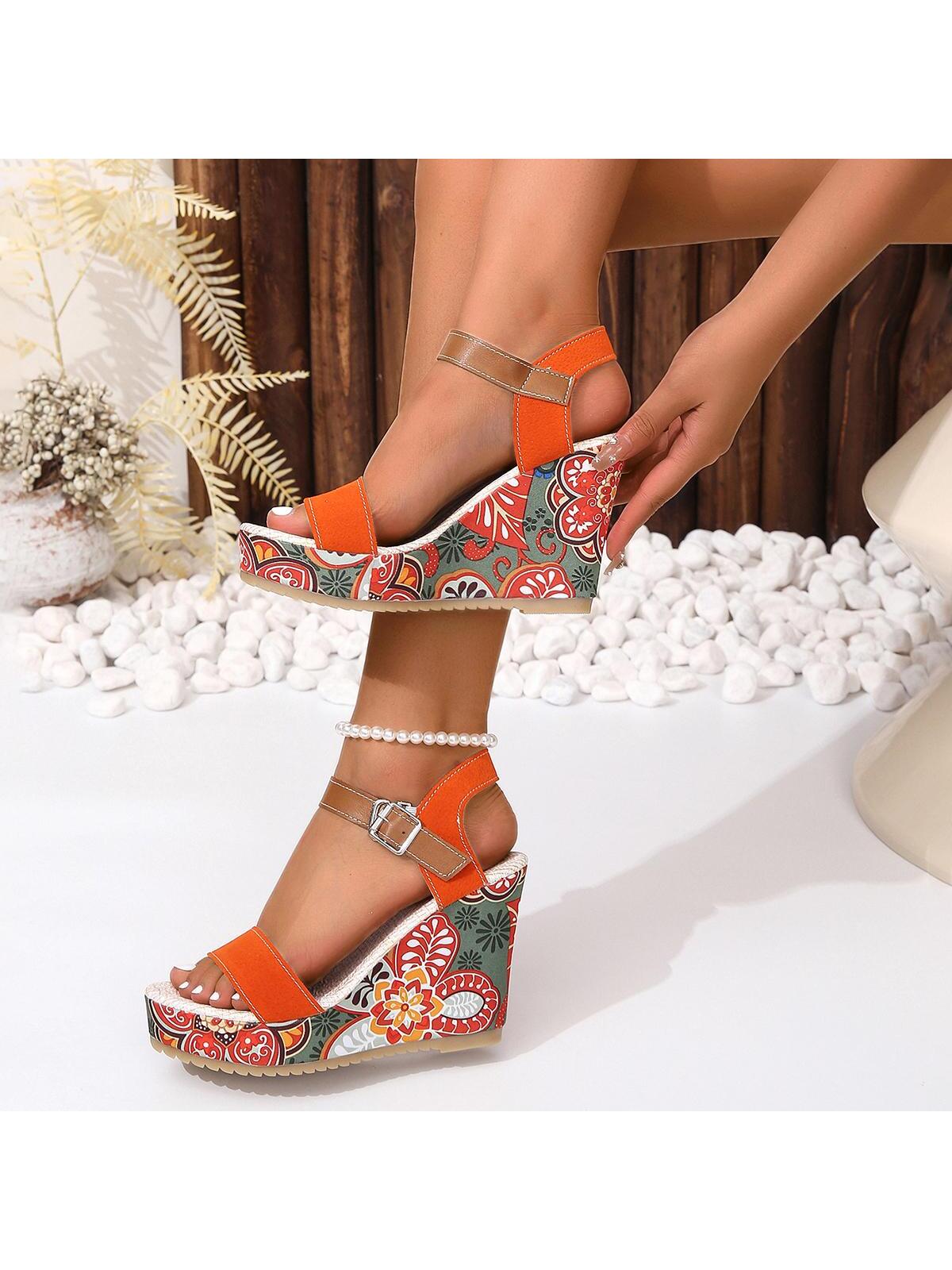 2024 Summer Women's Thick Platform Wedge Heel Floral Pattern Fashion High Heels Waterproof Ankle Strap Sandals, Plus Size