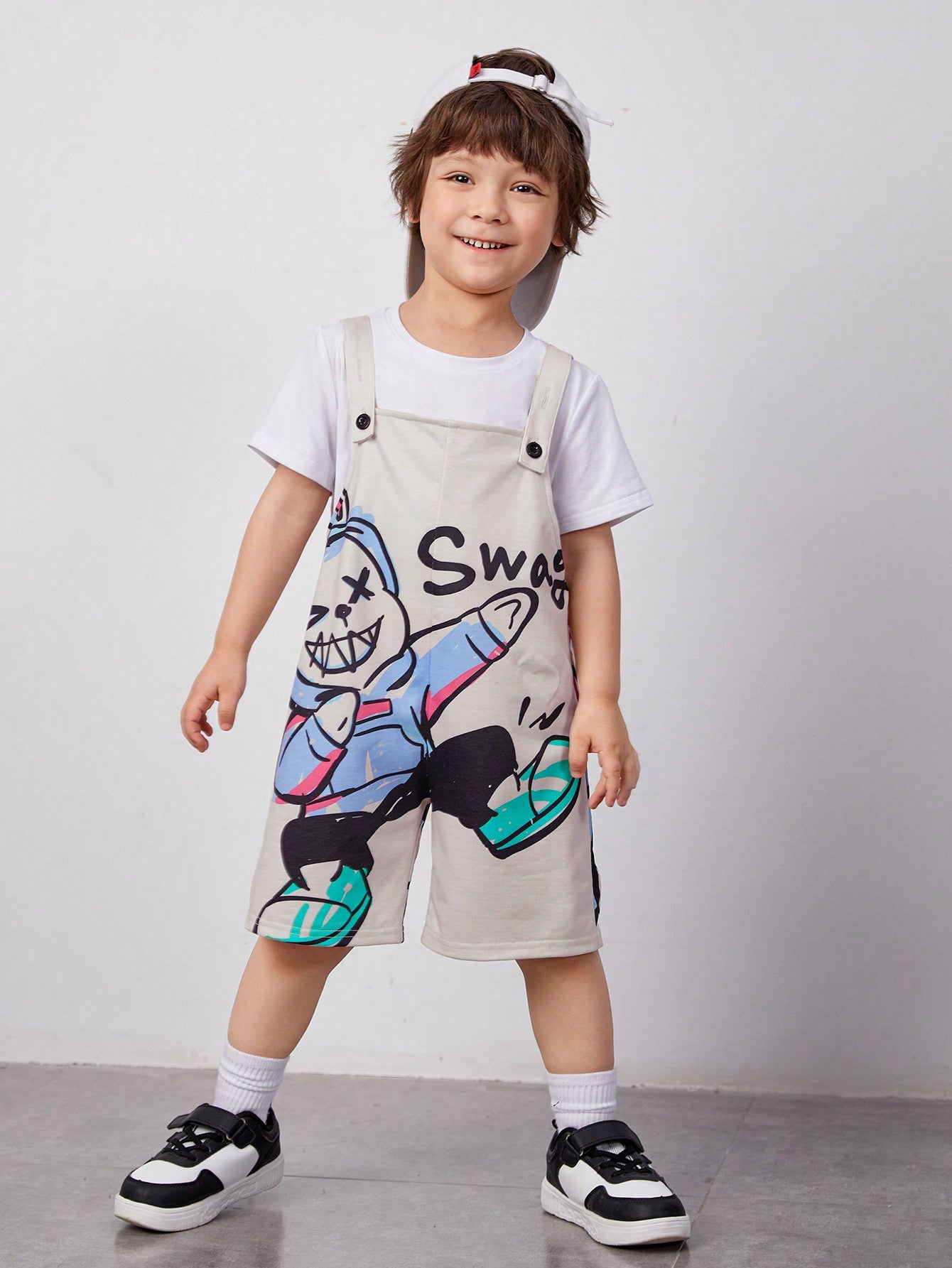 Young Boy Cute Cartoon Graffiti Print Overall Shorts