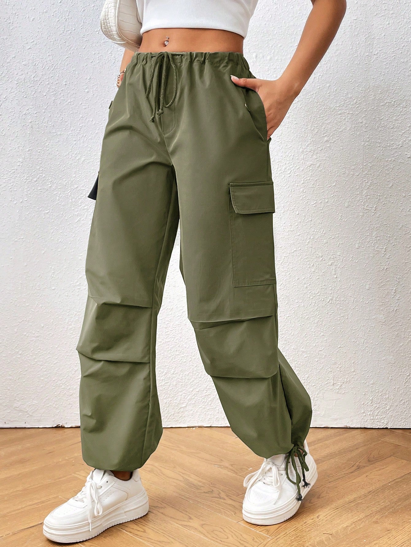 Drawstring Waist Flap Pocket Side Parachute Cargo White Pants