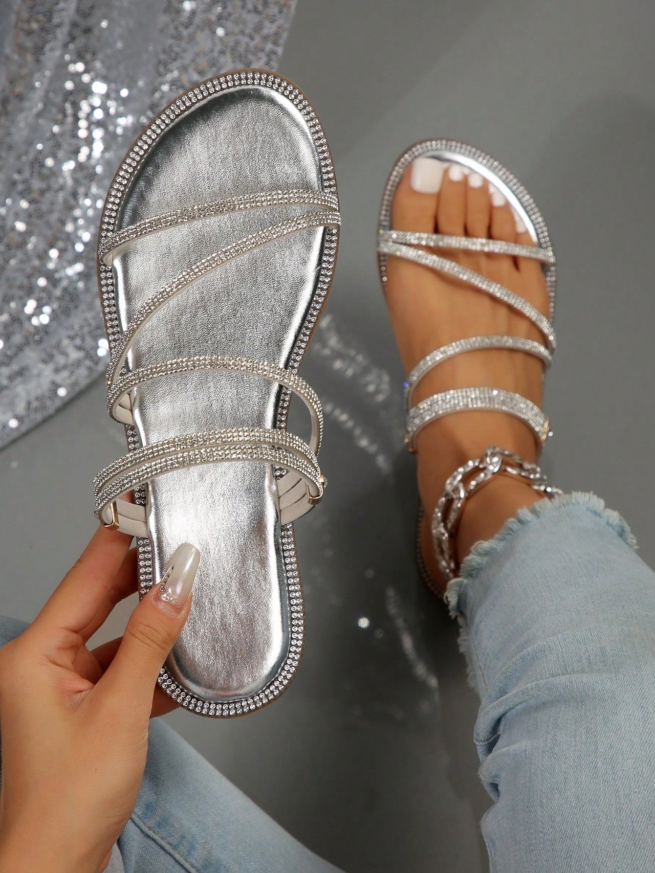 Crossed Thin Strap Flat Sandals With Glass Rhinestones, Chic And Casual For Two Ways