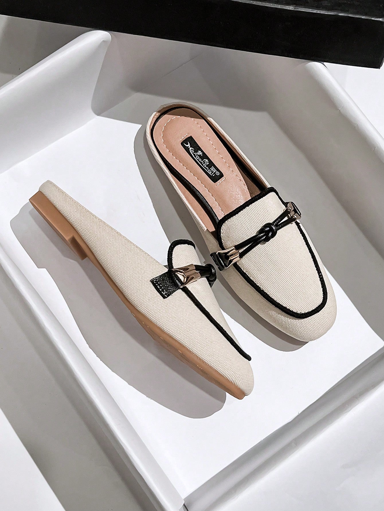 Knot Detail Square Toe Flat Mules, Apricot Elegant Knot Design Solid Color Mule Heels