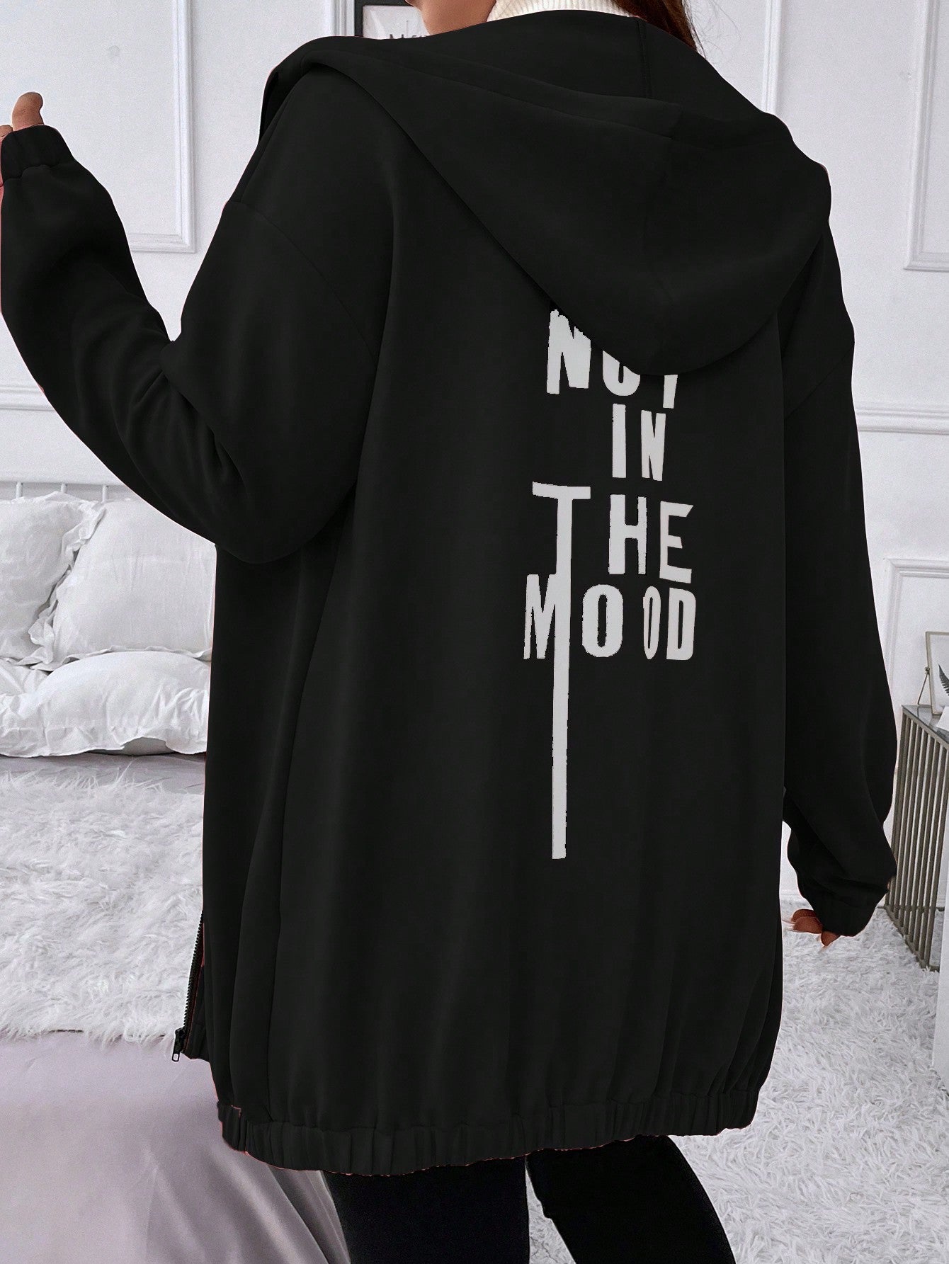 Plus Slogan Graphic Drop Shoulder Hooded Jacket