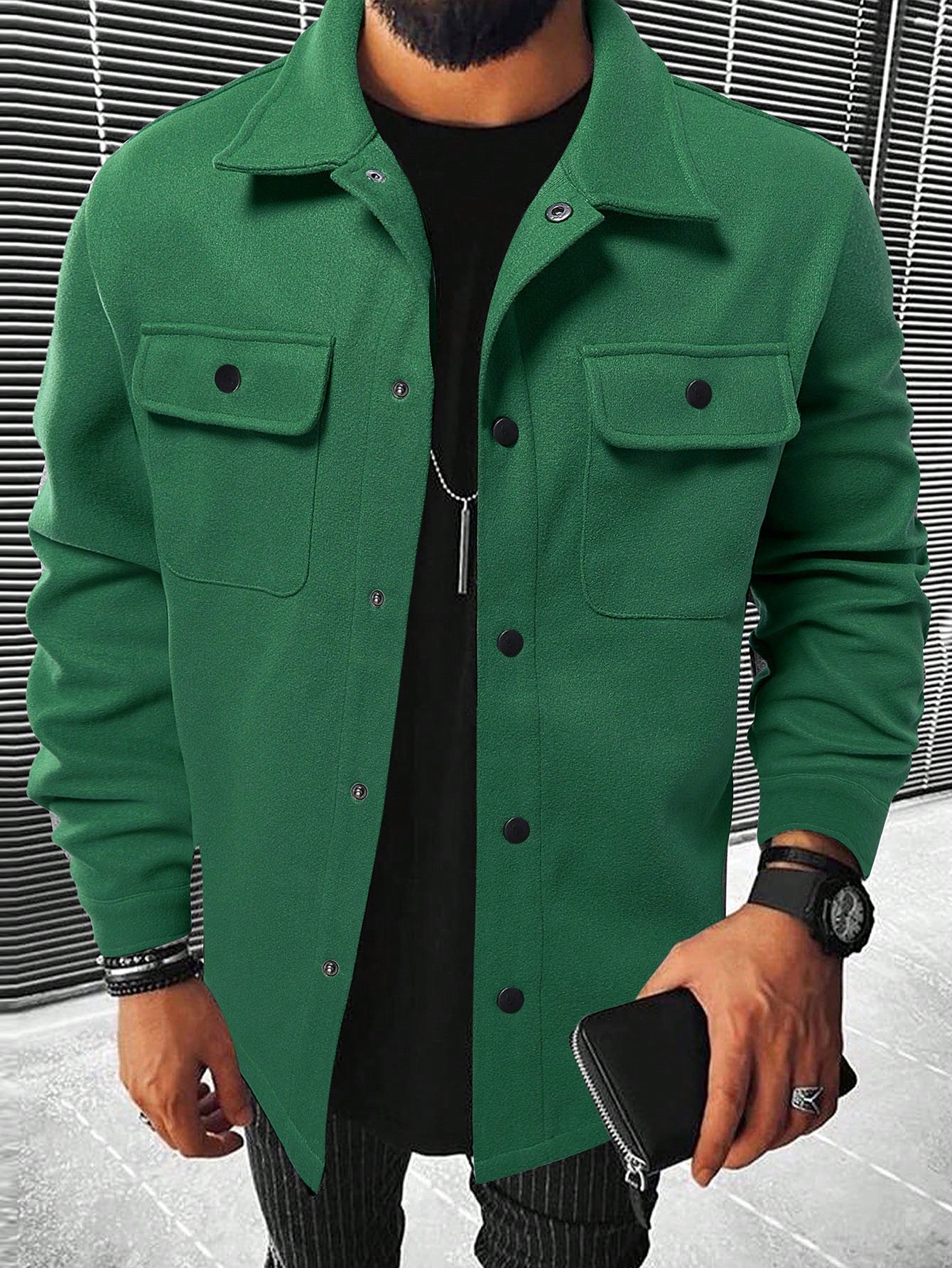 Men Button Front Flap Pocket Overcoat