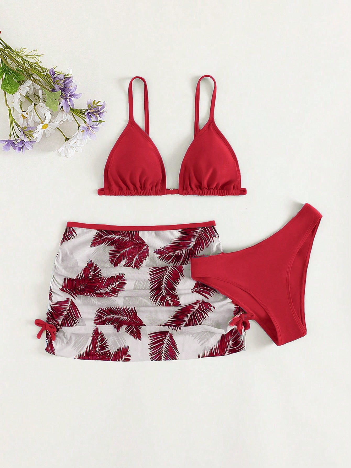 Teen Girl 3-Piece Set Spaghetti Straps Triangle Palm Leaf Print Bikini Set Summer Beach