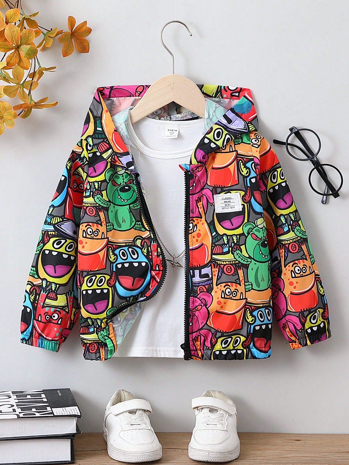 Young Boy Allover Cartoon Graphic Zip Up Hooded Jacket Without Tee